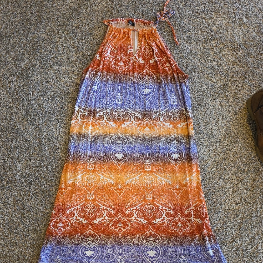 Vibrant Orange and Blue Patterned Maxi Dress